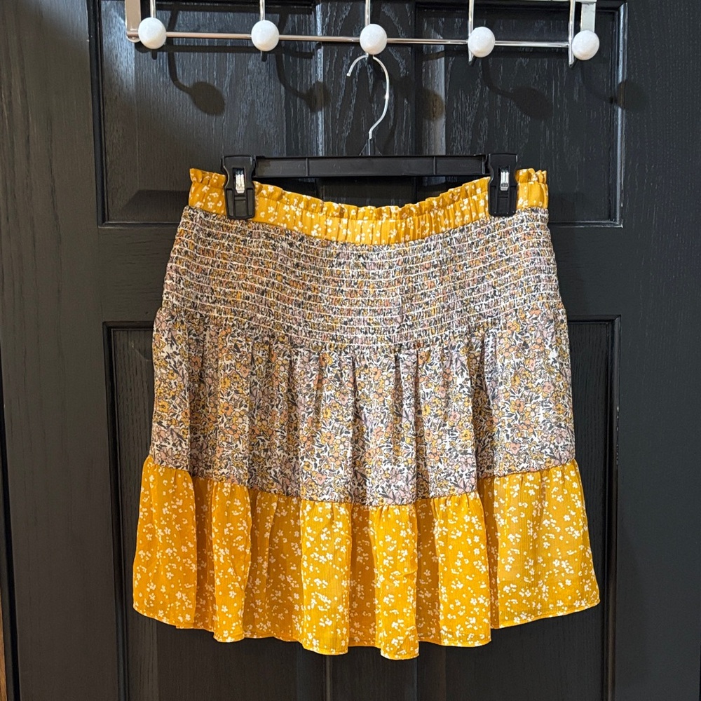 Banana Republic Yellow Floral Tiered Mini Skirt with Smocked Waist